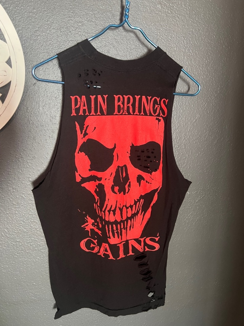 Black Muscle Tank with Red Skull 'Pain Brings Gains' Graphic